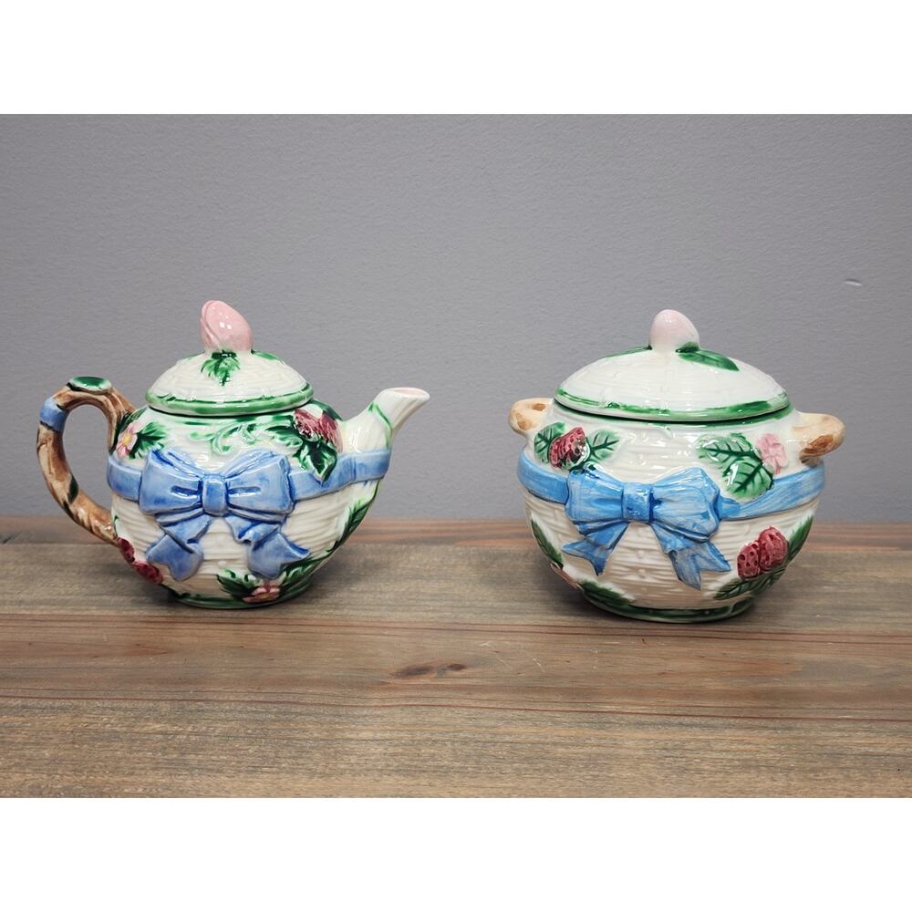 Vtg HALDON GROUP Cream And Sugar Set Creamer Blue "Ribbon and Bow" 1985